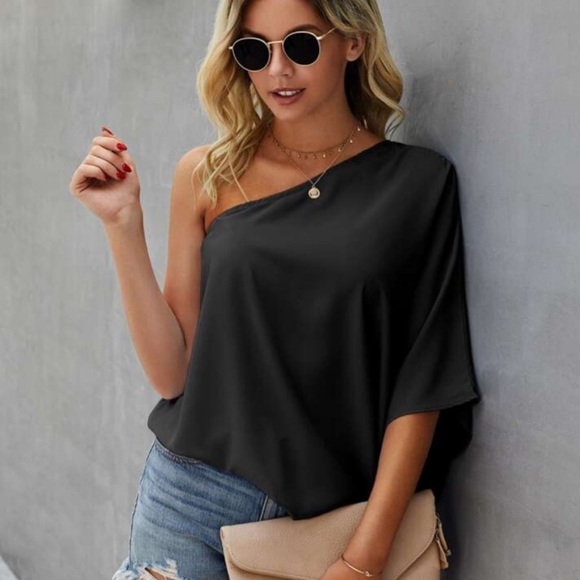 Boho one shoulder oversized solid blouse - Picture 3 of 15